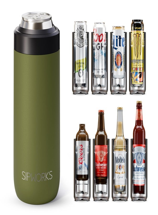 Sipworks Universal Can Cooler - Fits All - Insulated Slim Can Cooler for 12 oz Regular or Slim Cans & Bottles - Double-Walled Stainless Steel Can Cooler | Olive - Image 1
